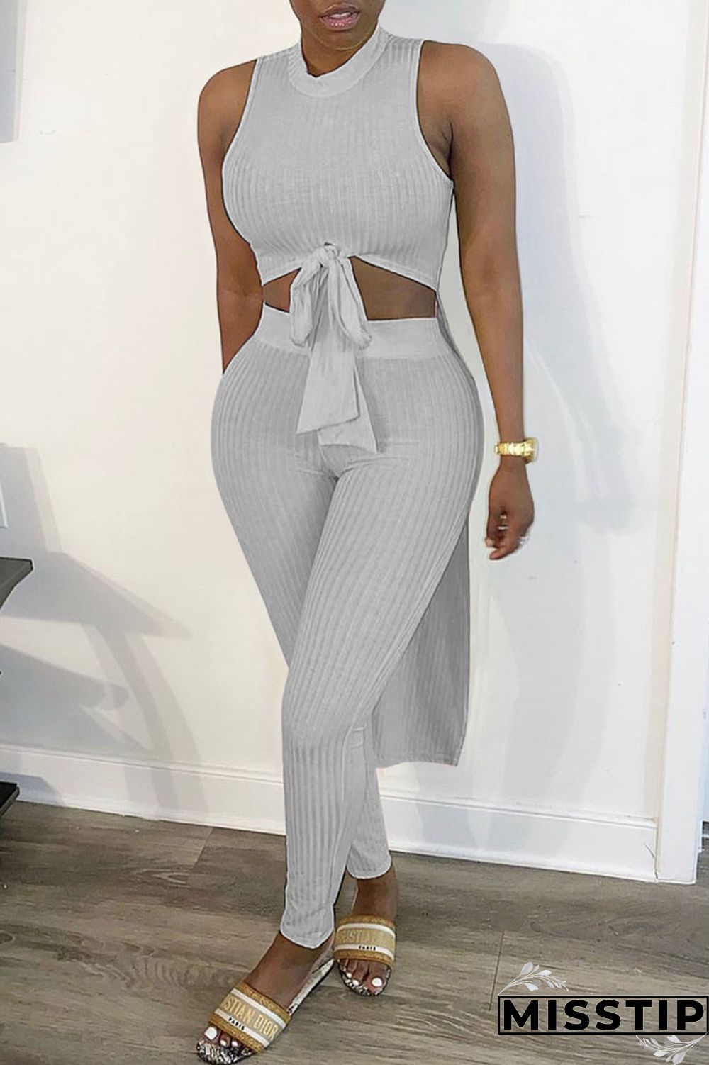 Grey Sexy Solid Asymmetrical O Neck Sleeveless Two Pieces
