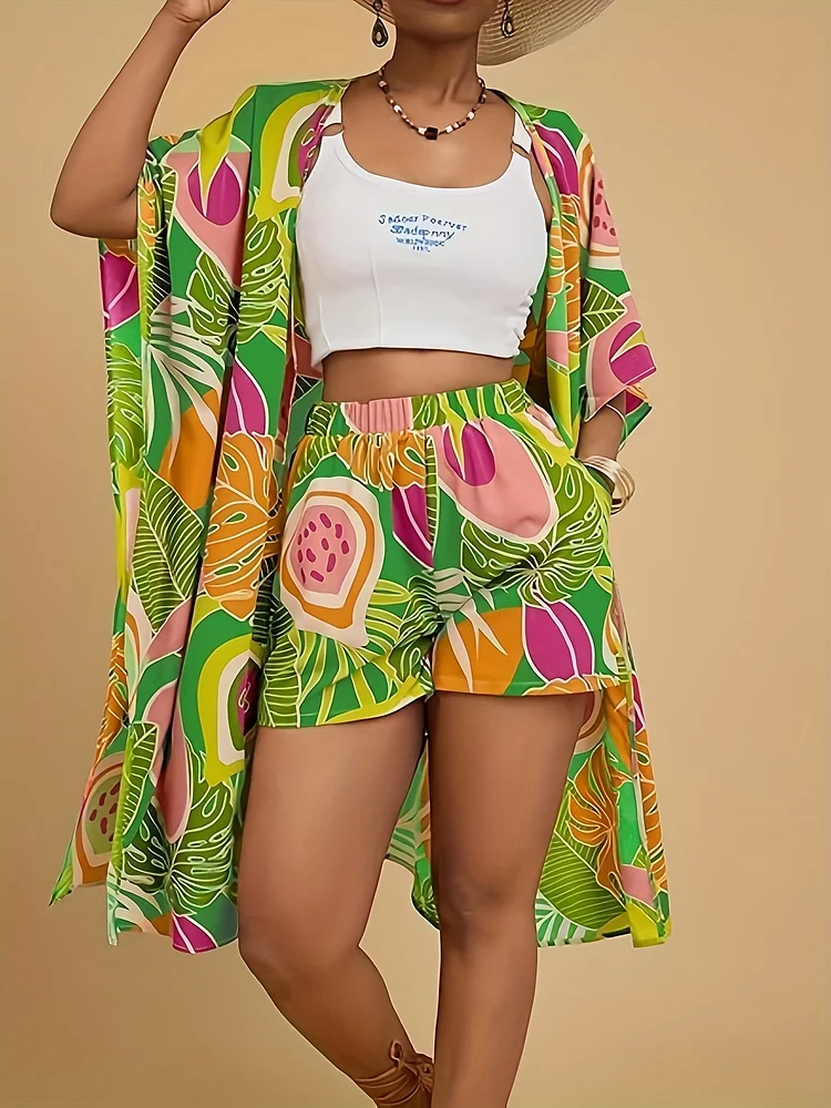 Tropical Two Piece Sets For Women | Summer Kimono Cardigan And Shorts Set Beach Cover Up Vacation Outfit