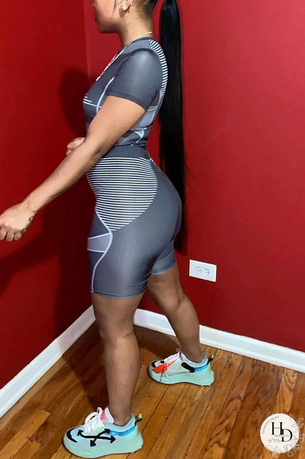 Dark Gray knit Sexy Patchwork Print Straight Short Sleeve Two Pieces