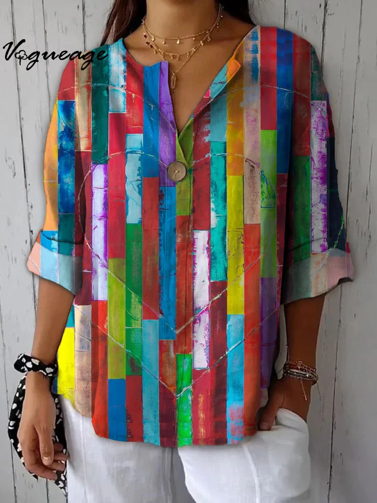 Fashion Color Line Stitching And Love Printed Cotton And Linen Shirt