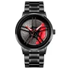 New Car Wheel Rim Watch With Scroll Creative Fashion Analog Watch, Black Dial Zinc Alloy Case Men's Watch, Stainless Steel Black Strap, Quartz Movement, Waterproof And Scratch-Resistant