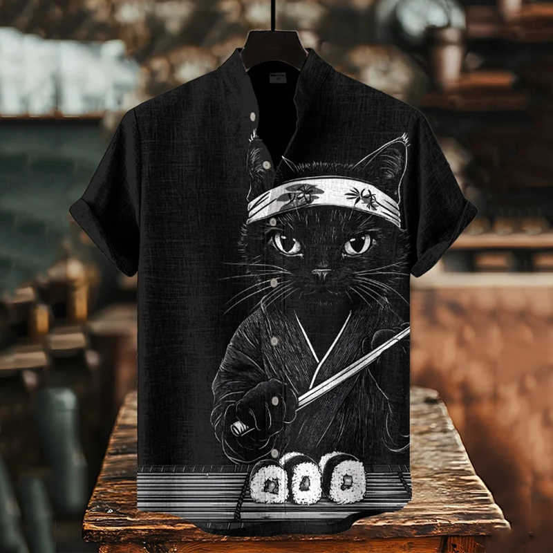 Men's Japanese Black Cat Sushi Master Art Print Short Sleeve Shirt