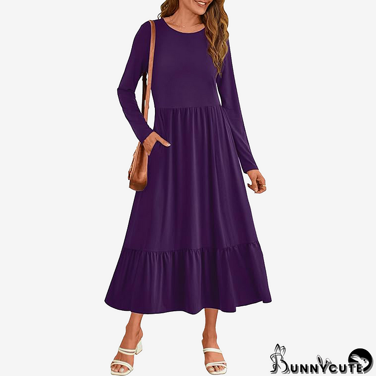 Purple Plain Side Pocket Long Sleeve Midi Dress