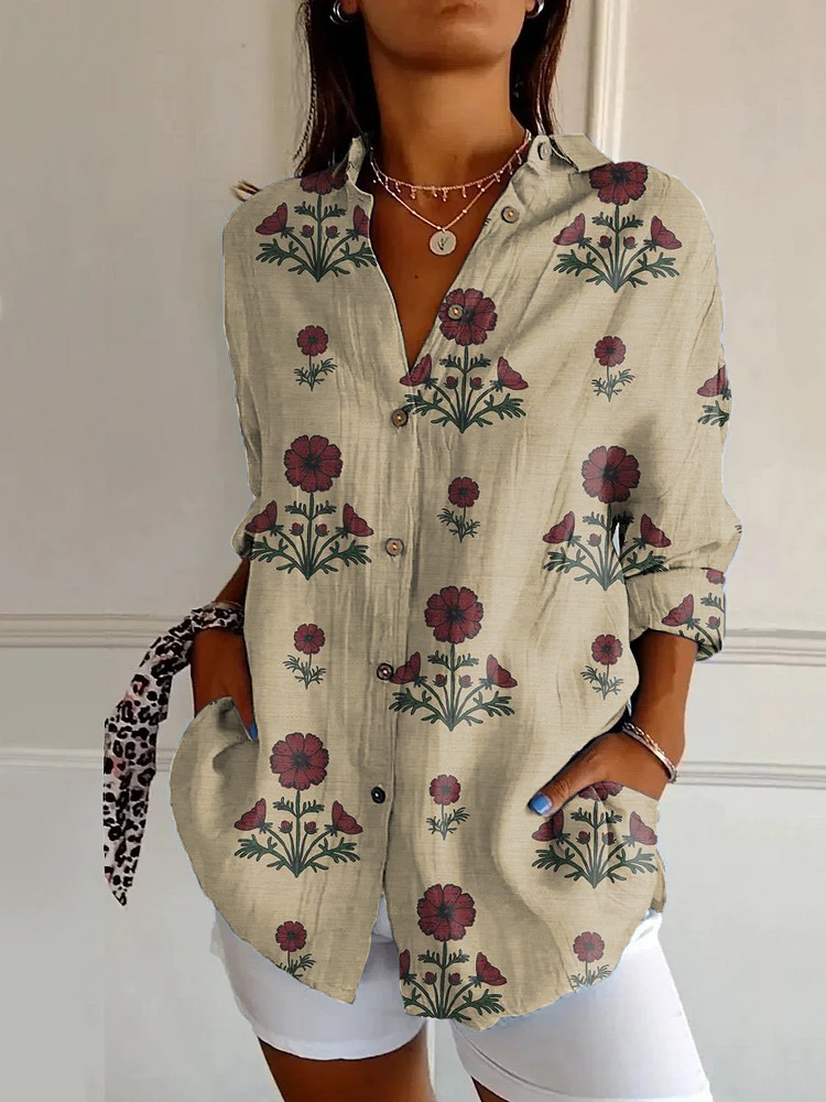 Vintage Floral Print Casual Long Sleeve Shirt