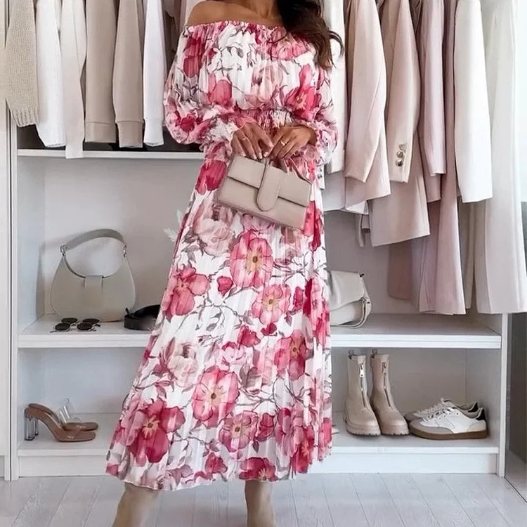💖 Blommig Off-Shoulder Top & 💖 Maxikjol Tvådelad Set