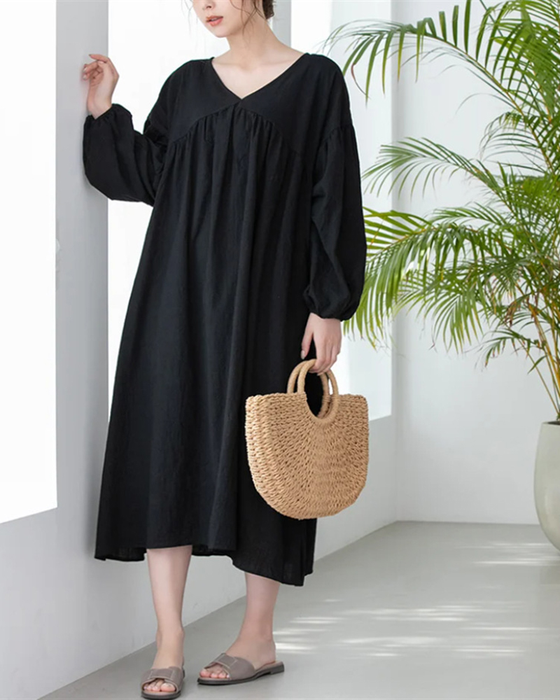 V Neck Solid Color Loose Puff Sleeve Midi Dress