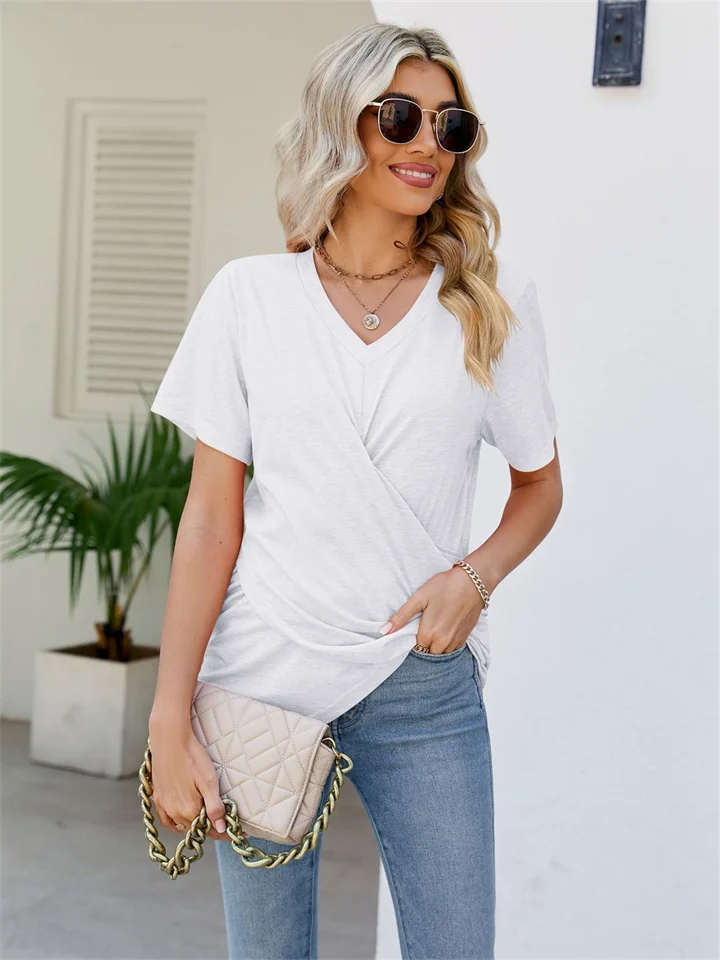Summer New Solid Color Women's Multi-color Twist Loose Type Top V-neck Pleated Casual Short-sleeved Commuter Wind T-shirt