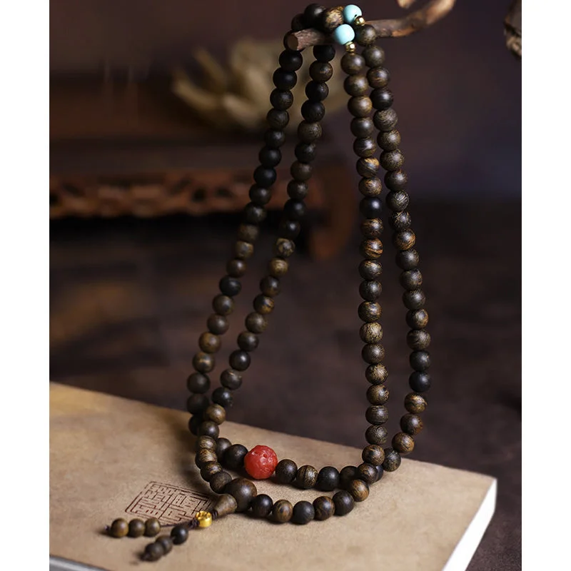 108 Mala Beads Agarwood Red Agate Turquoise Peace Meditation Necklace Bracelet