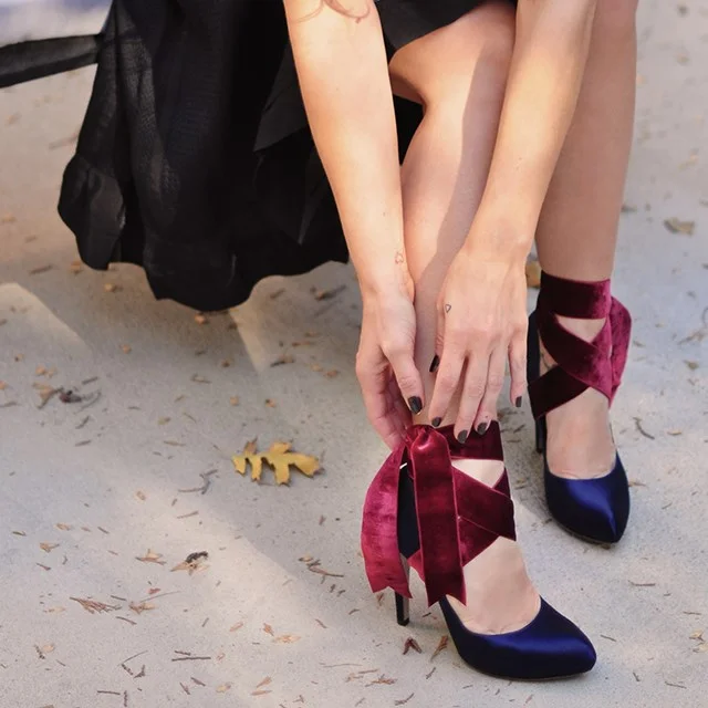 Navy and Burgundy Strappy Heels Satin Round Toe Pumps Vdcoo