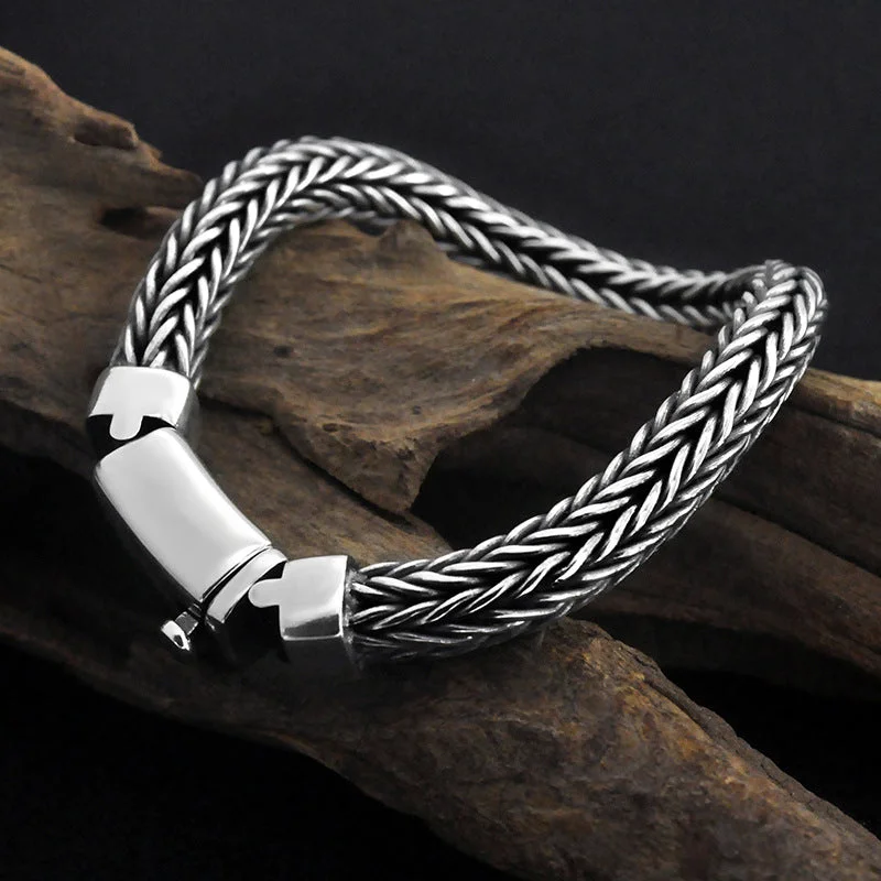 Real Silver 8mm Thick Retro Weave Bracelet Man Male Thai Silver Handmade Rope Bracelets Jewerly