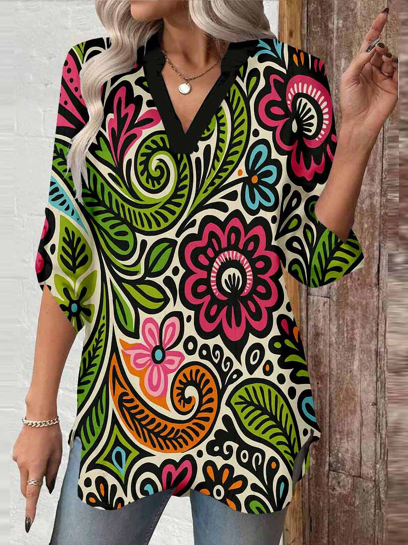 Women Flowers, Red, Green DZGA0375 3/4 Sleeve V-neck Printed Graphic Button Tops