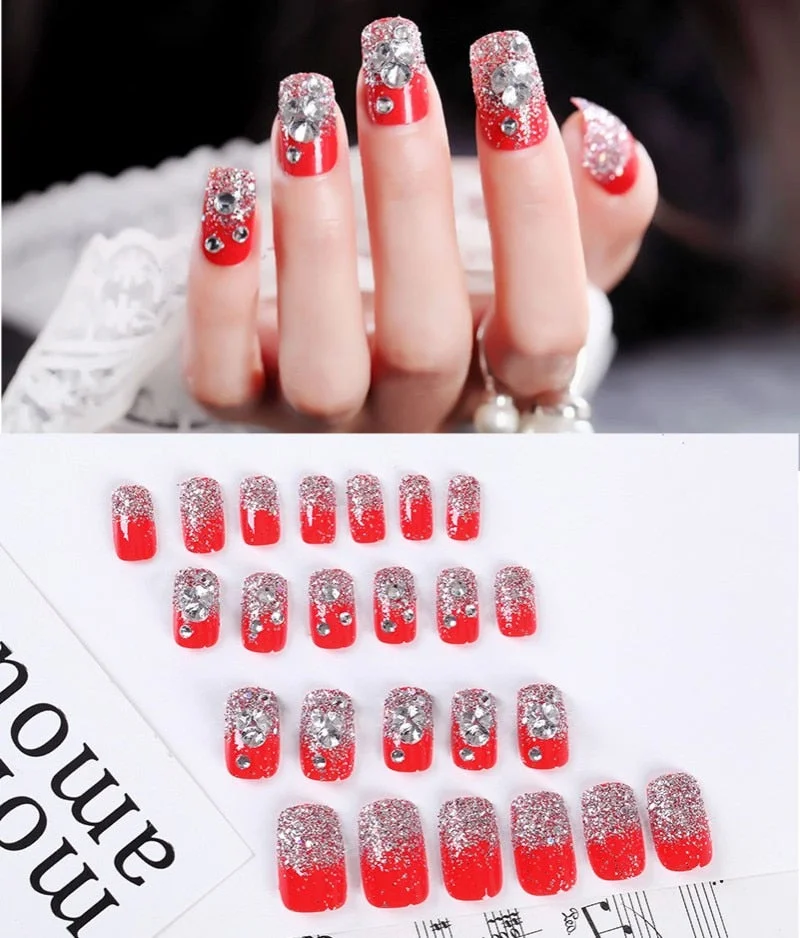 24Pcs/Set Fake Nails Press on Girls Finger Beauty False Nail Art Tips Bright Shining 3D Diamond Full Cover French Nail Art Tips-Nail Inspo