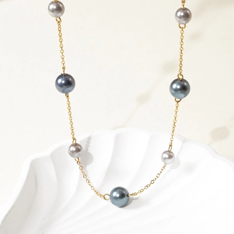 Elegant Geometric 304 Stainless Steel Artificial Pearls 14K Gold Plated Polishing Inlay Stainless Steel Necklaces2