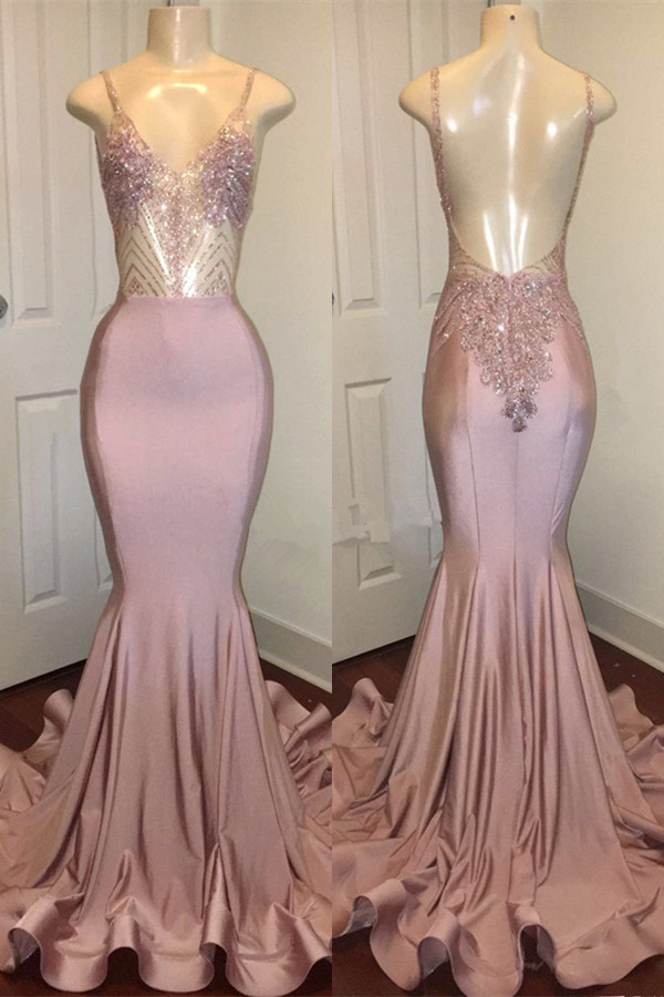 Bellasprom Pink Mermaid Prom Dress Long With Beadings Open Back Spaghetti-Straps Bellasprom