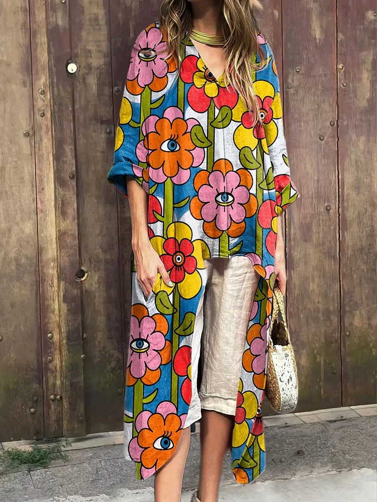 Women's Vintage Floral Art Print V-Neck Cotton Short Sleeve Dress