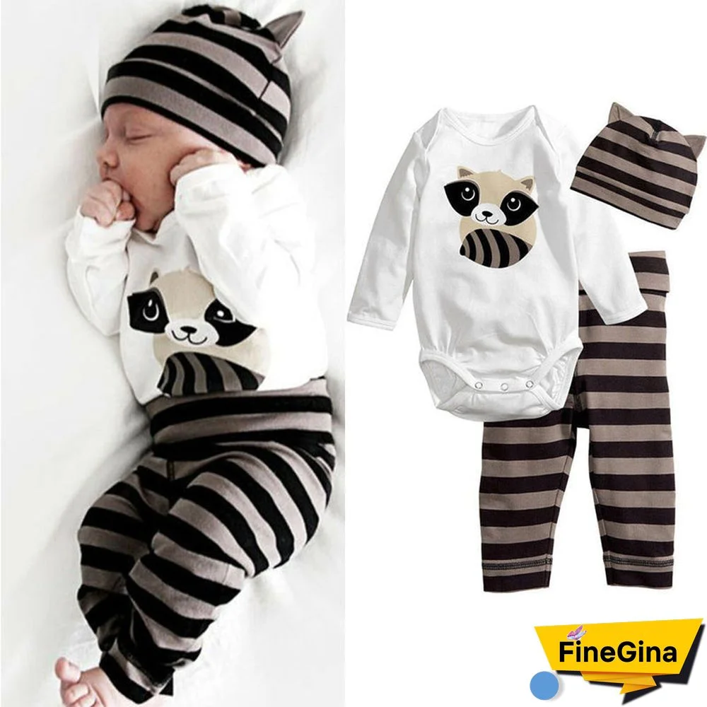 3-PCS Cartoon Raccoon Printed Baby Set
