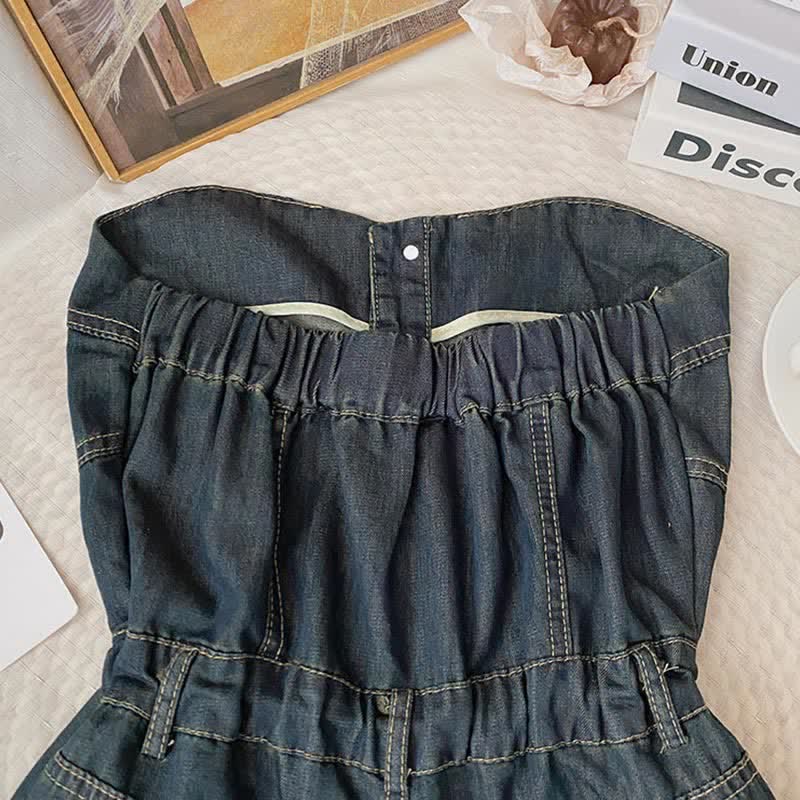 Pure Color Knit Cardigan Off The Shoulder Lace Up Denim Overalls