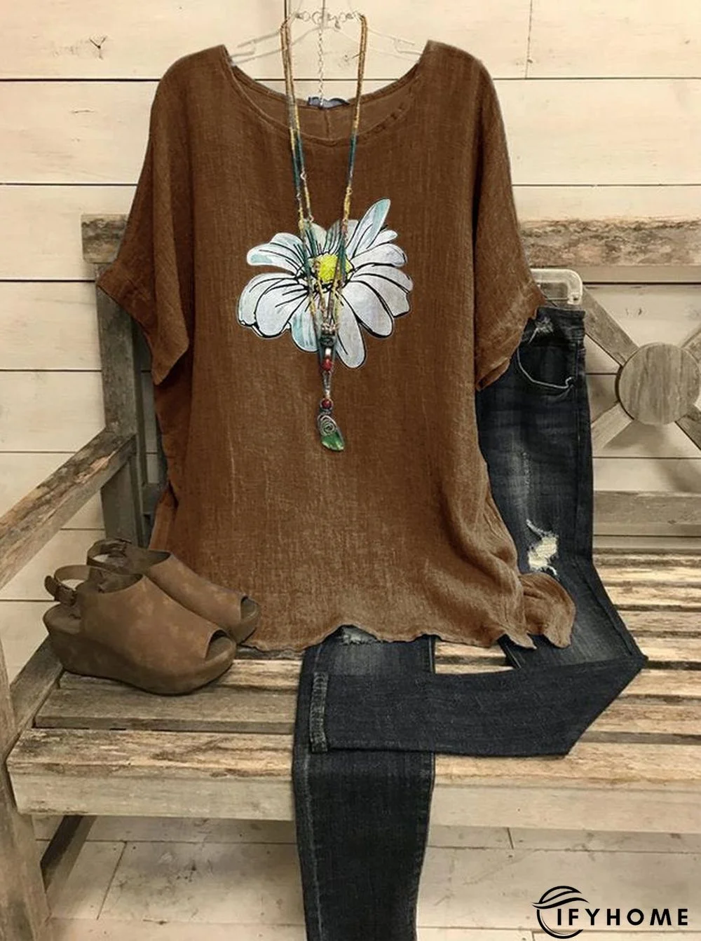 Summer Scoop Neck Casual Loose Daisy Printed T-Shirt | IFYHOME