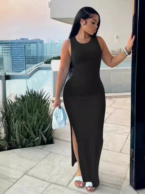 Uveng Uveng Women's Commuting Pits Long Dress Sleeveless Round Collar High-Waisted Ass Dress