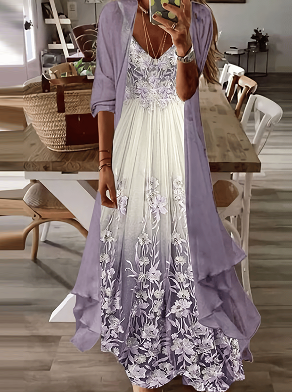 Two Piece Casual Ruffled V-neck Floral Printed Maxi Dress