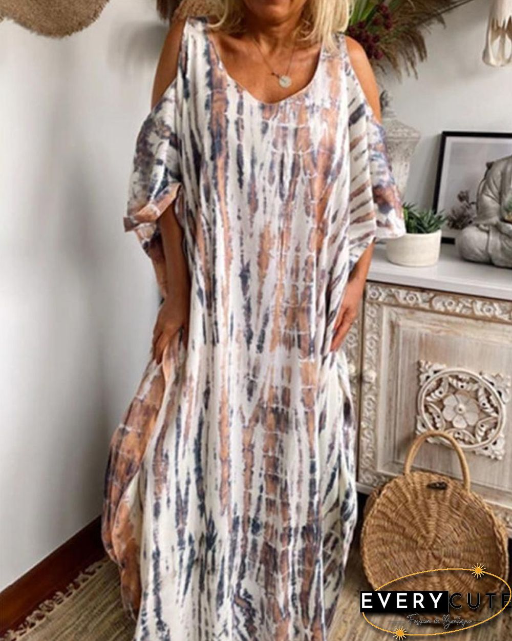 Tie-Dye Multi-Colored Print Cold-Shoulder Loose Maxi Dress P15979