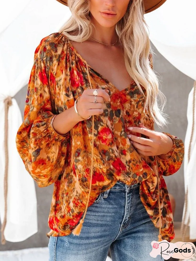 Casual Floral Long Sleeve V Neck Printed Tunic Top