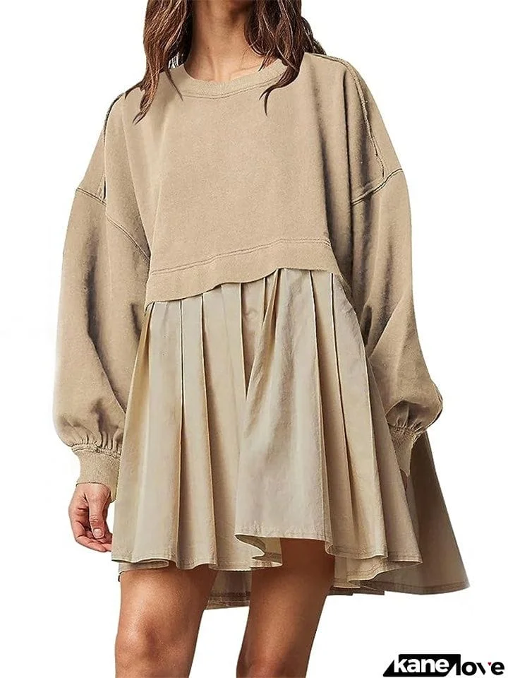 Female Casual Sweatshirt Patchwork Pleated Dress