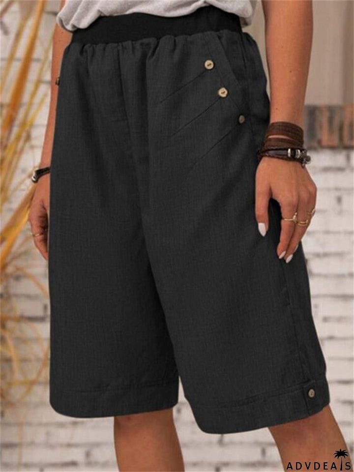 Loose Button-Decorated Elastic Waist Straight Linen Shorts