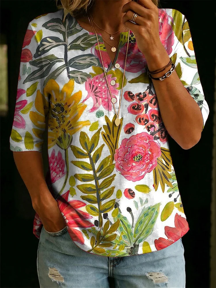 Women&rsquo;s Floral Pattern Art Casual Classic Henley Collar 100% Cotton T-shirt