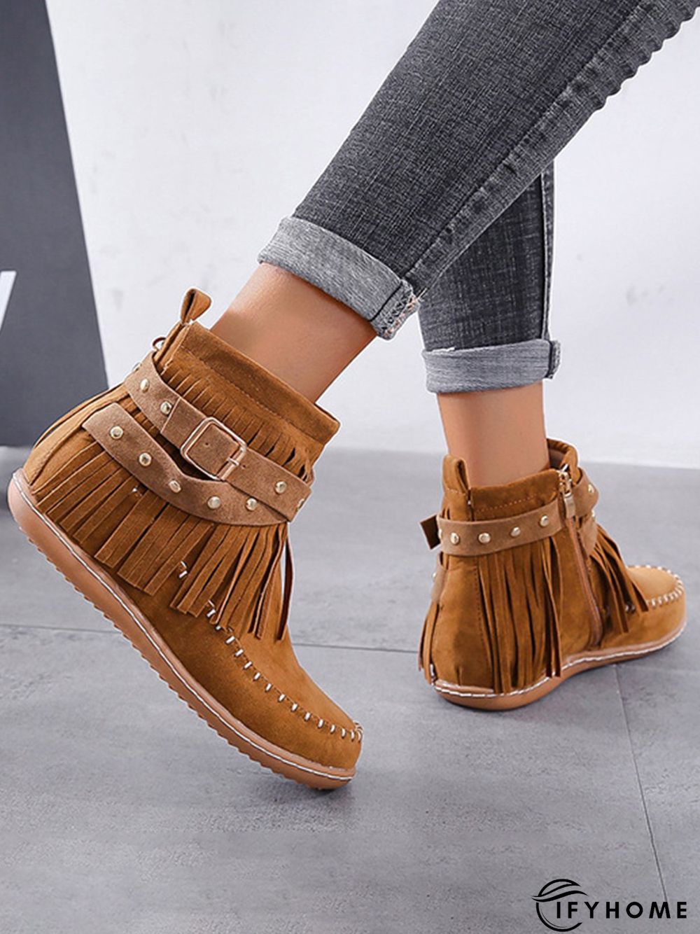 Vintage Fringe Studded Flat Round Toe Buckle Booties | IFYHOME