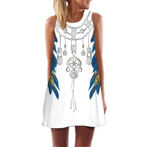 Women Leaves Print Casual Chiffon Sleeveless O neck Cute Summer Short Beach Dress