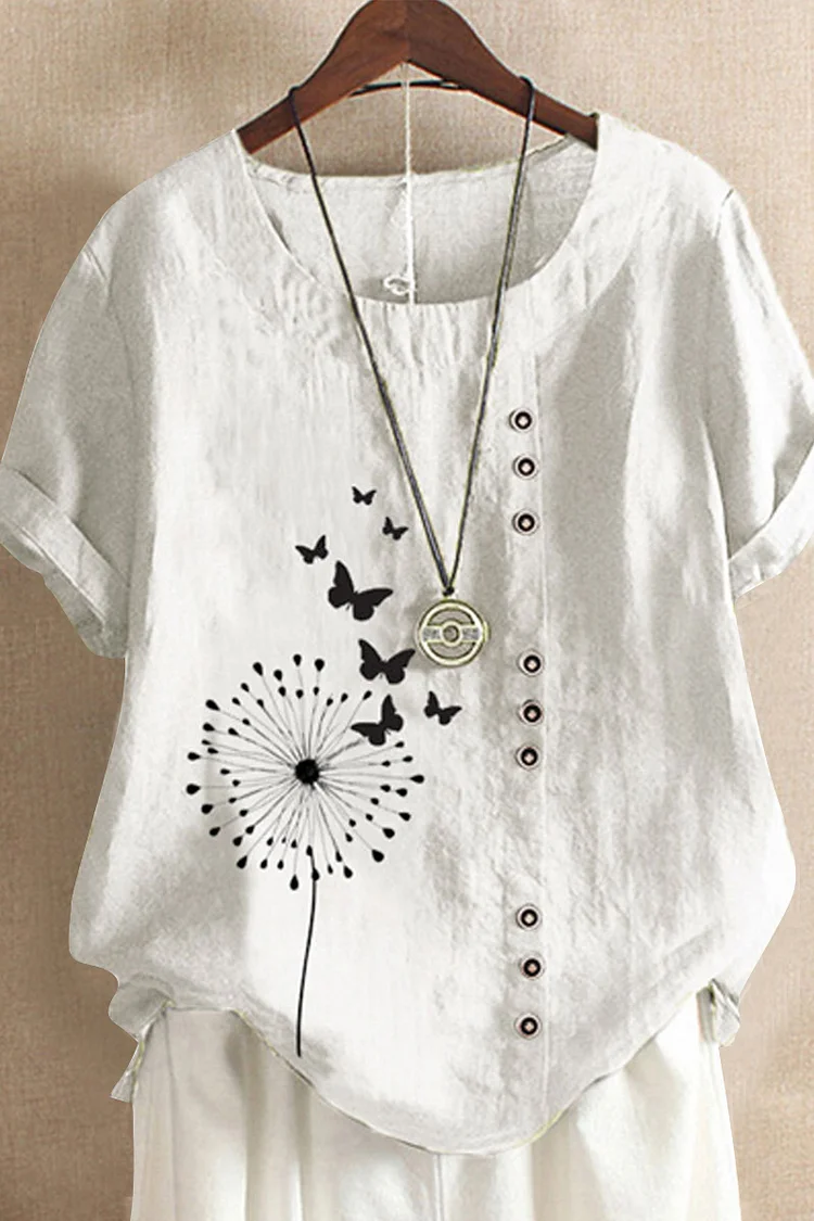Flycurvy Plus Size Casual White Linen Dandelion Butterfly Print Decorative Button Short Sleeve Blouse  Flycurvy [product_label]