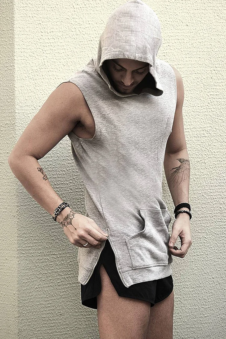Casual Hooded Side Split Zipper Grey Tank Top [Pre-Order]