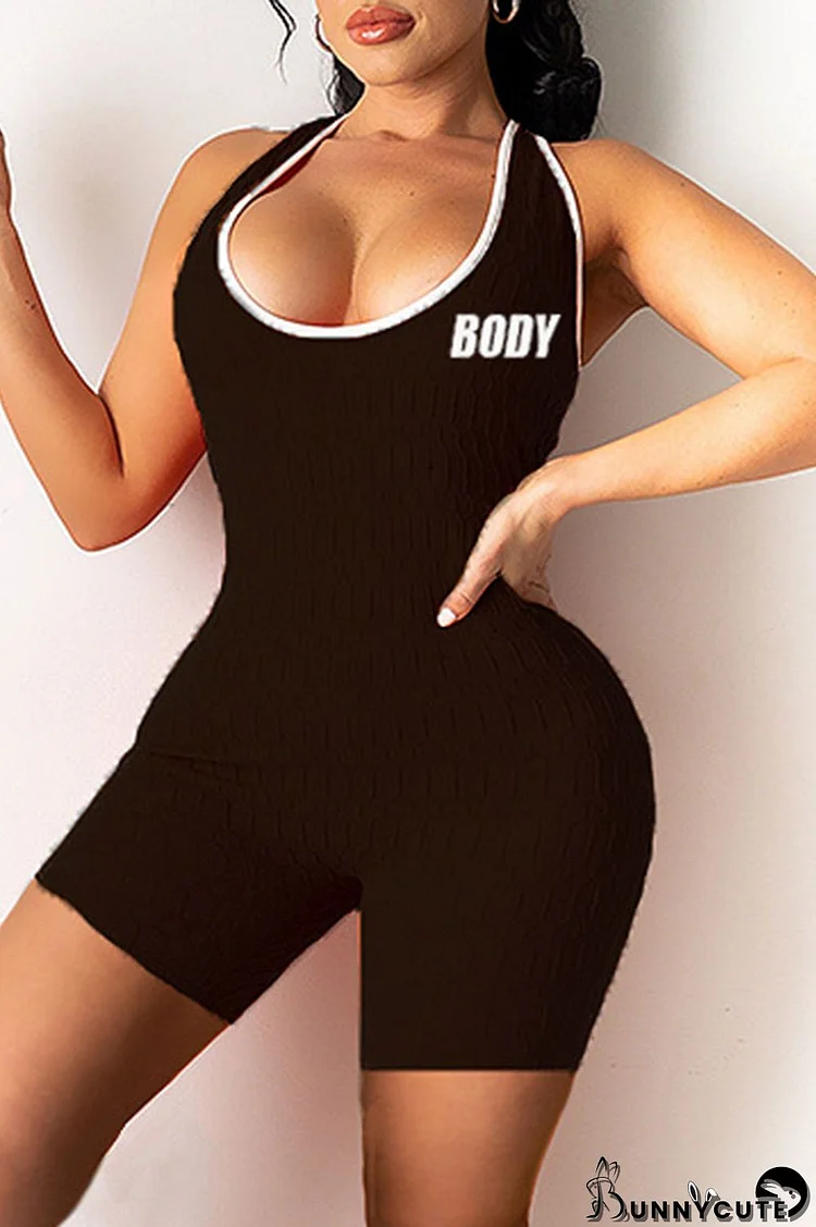 Black Fashion Casual Sportswear Letter Print Backless U Neck Skinny Romper