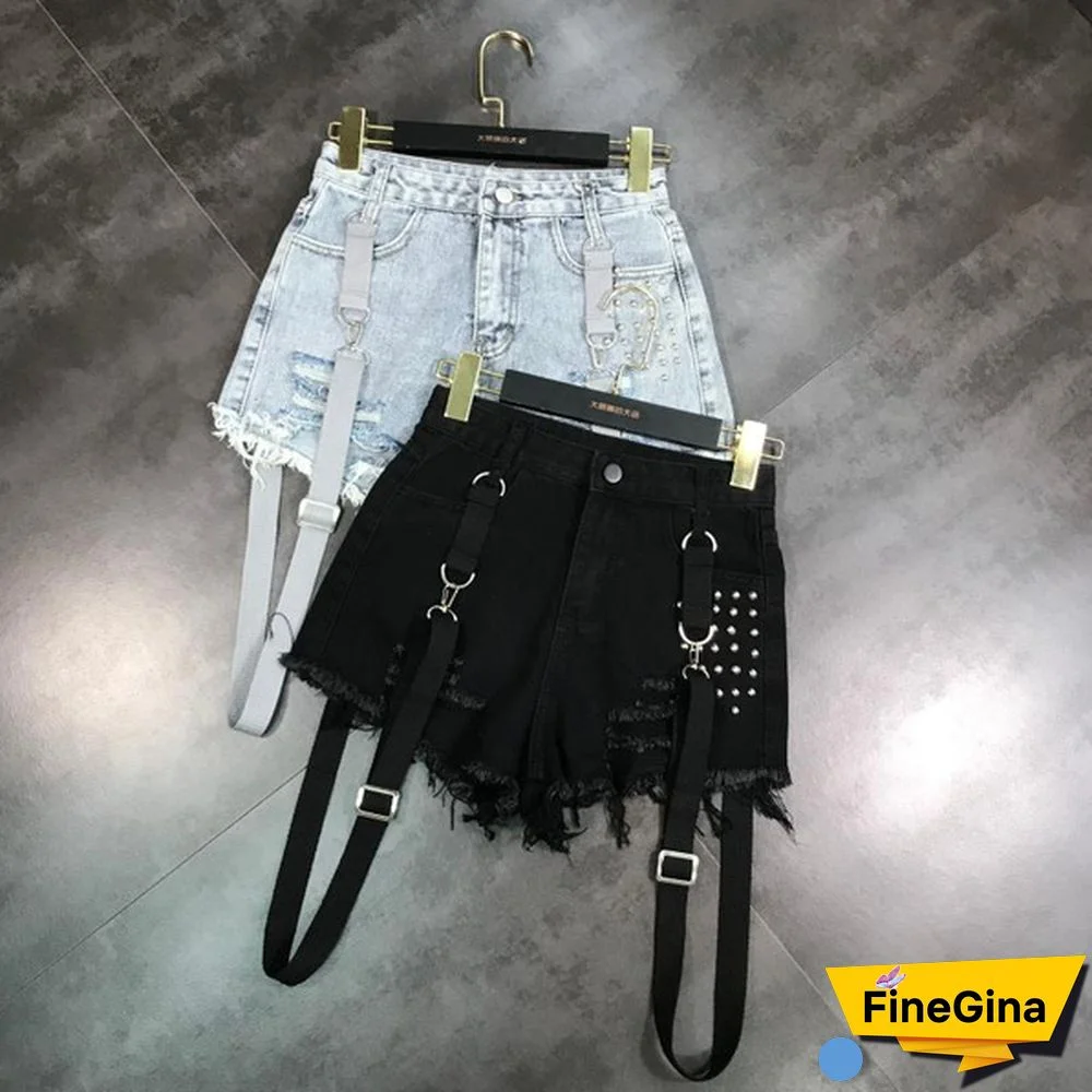 Women Denim Hot Pants Shorts Mini Jeans Rivet Removable Strap Tassels Gothic Punk Sexy