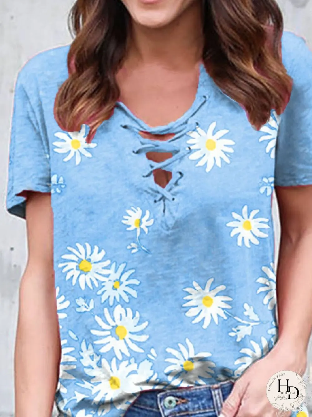Casual V Neck Floral Short Sleeve T-shirt