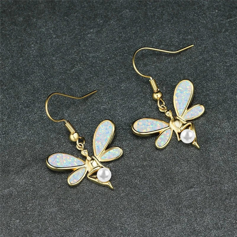 Cute Female Angel Pearl Drop Earrings White Blue Opal Butterfly Wings Earrings Boho Gold Silver Color Wedding Earrings For Women