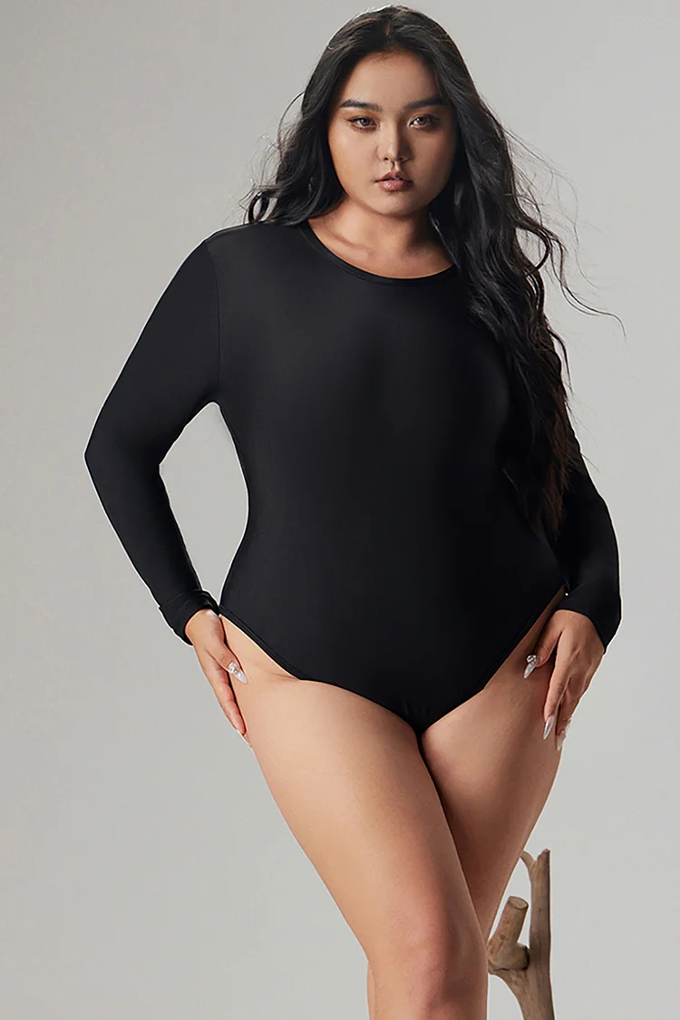 Xpluswear Design Plus Size Casual Bodysuit Black Round Neck Long Sleeve Knitted Bodysuits [Pre-Order]