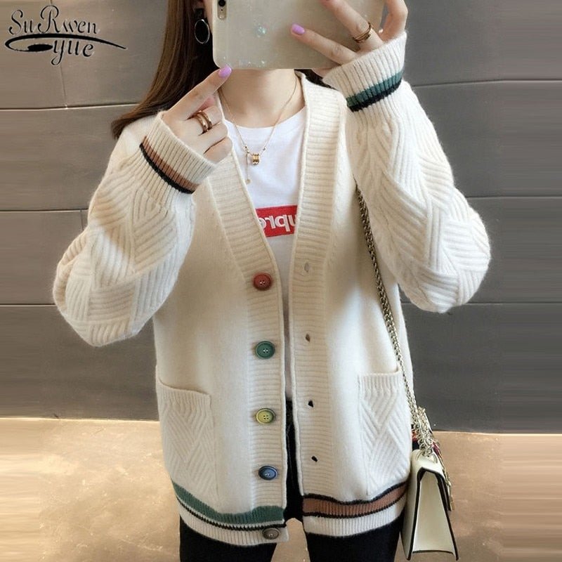 New 2021 Autumn and Winter Women Sweater Casual Cardigan Korean Vintage V-neck Single-Breasted Knitted Cardigan Female 10910