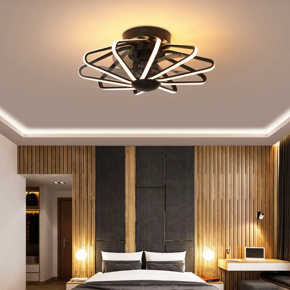Modern Led Cage Pendant Fan Light - 23&rsquo; Wide Semi - Flush Ceiling For Bedroom Black