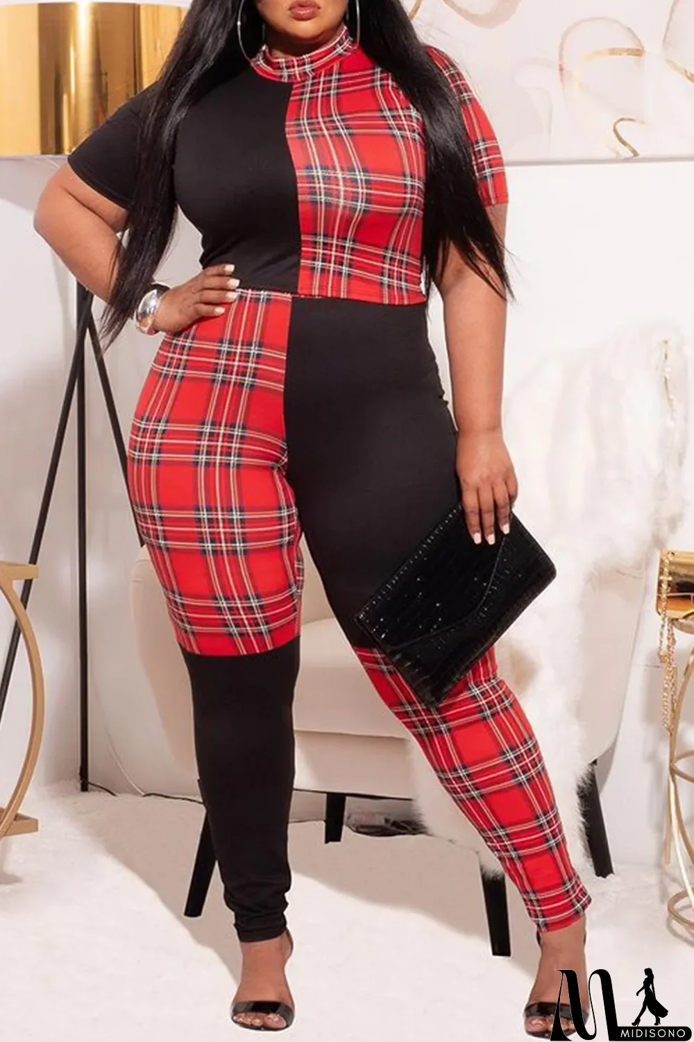 MidiSono - Red Street Plaid Split Joint Half A Turtleneck Skinny Jumpsuits