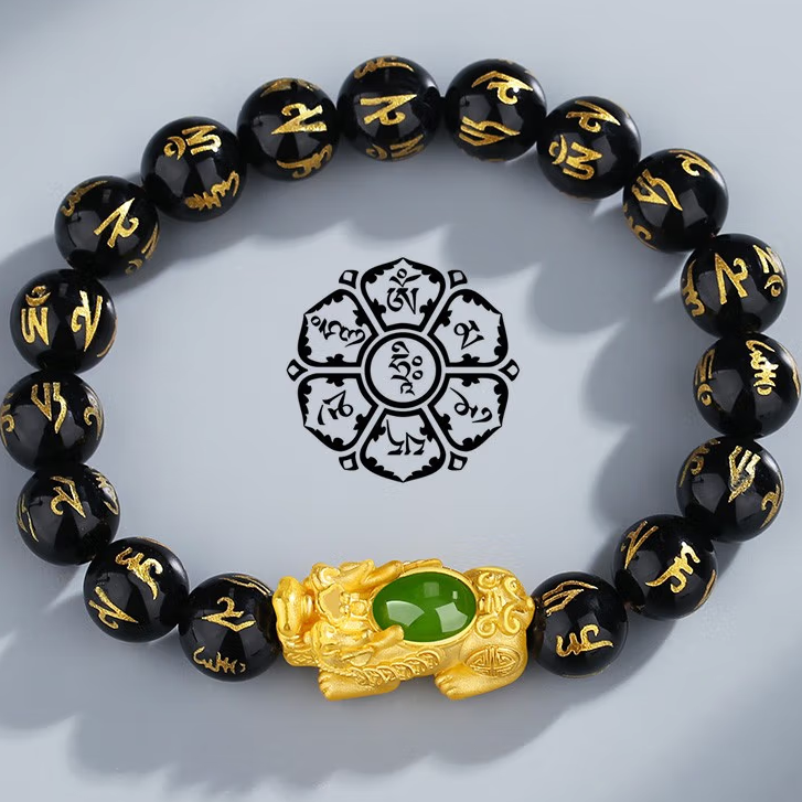 High Standard Men's Jade Pixiu Bracelet Pure Gold Lucky Bead Agate Bracelet Jewelry Gift for Him Pixiu Mantra Jade Bracelet