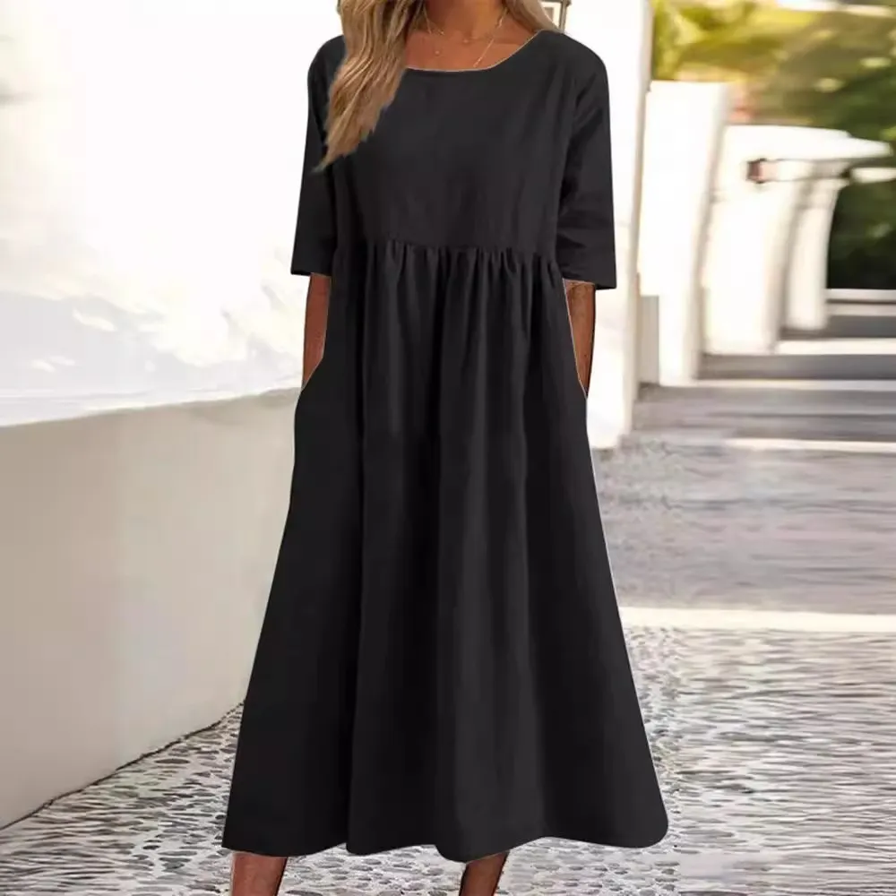 Brownm Brownm Cotton-Sleeved Short-Sleeved Pocket Folded Loose Round-Neck Dress In Summer 2025