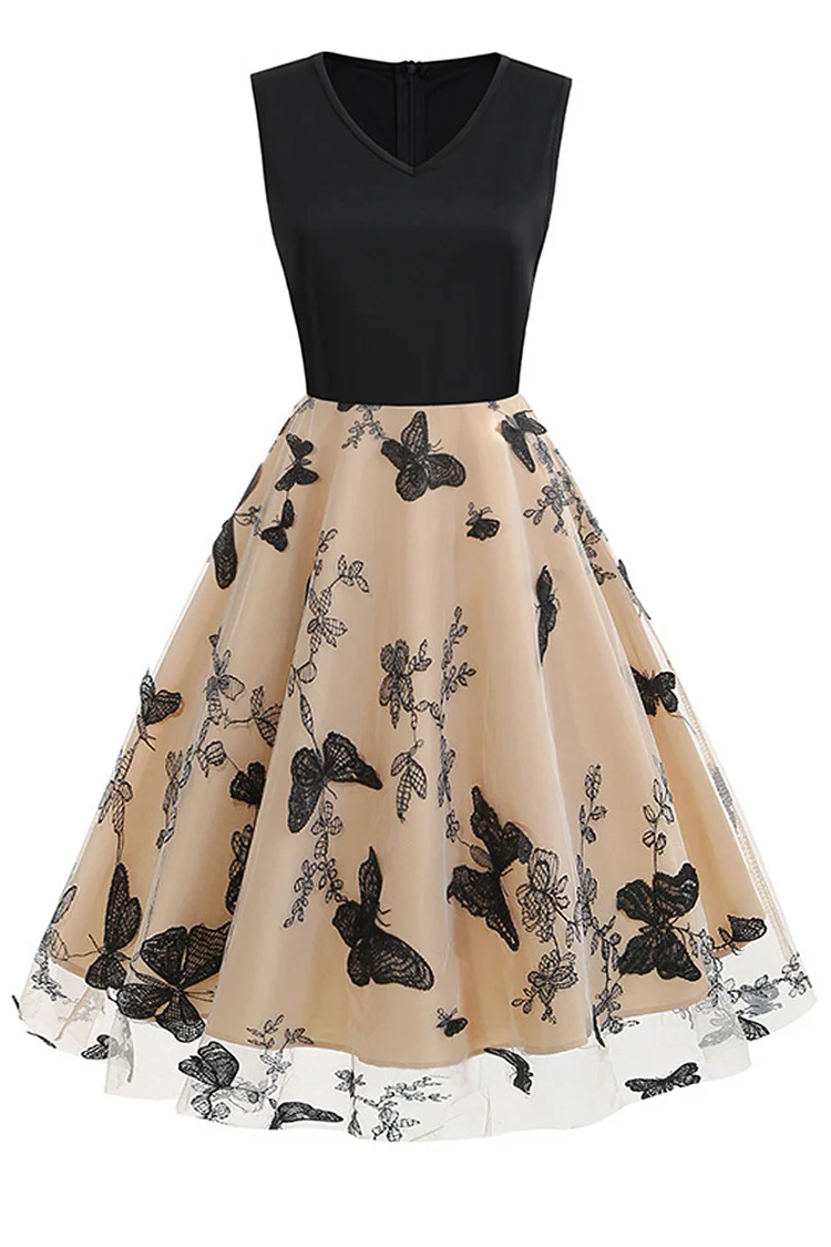 1950s Beige Party Patchwork Tulle Butterfly Embroidery Sleeveless A-line Swing Midi Dress