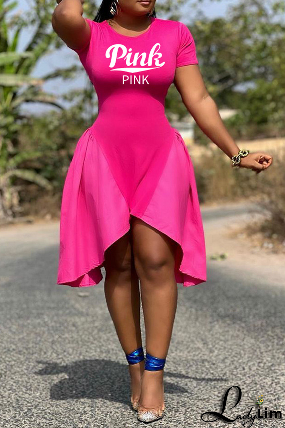 Orange Fashion Print Patchwork O Neck Irregular Dress Dresses