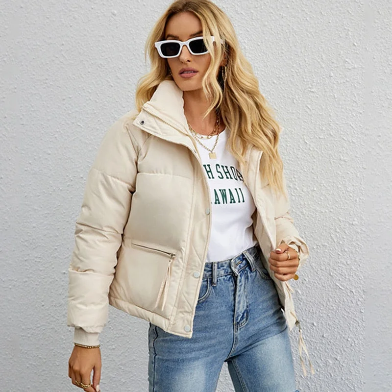 Sonicelife 2023 Autumn New Fall Outfits Down Jacket Women Casual Zipper Thick Warm Parkas Coat Female Cotton Black White Loose Shorts Jackets