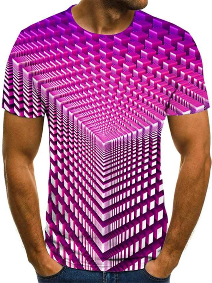 Men's T-Shirt Round Neck Geometric 3D Print Green Pink Purple Yellow-Cosfine