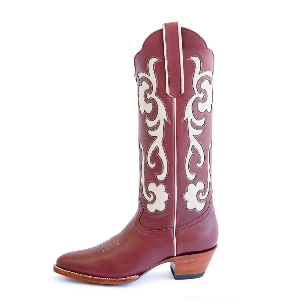 Burgundy Chunky Heel Decorative Inlay Cowboy Boots for Women