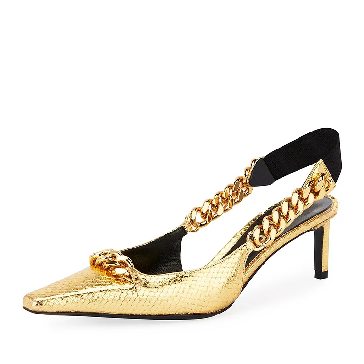 Metallic Gold Snakeskin Chain Decor Slingback Pumps with Kitten Heel |FSJ Shoes