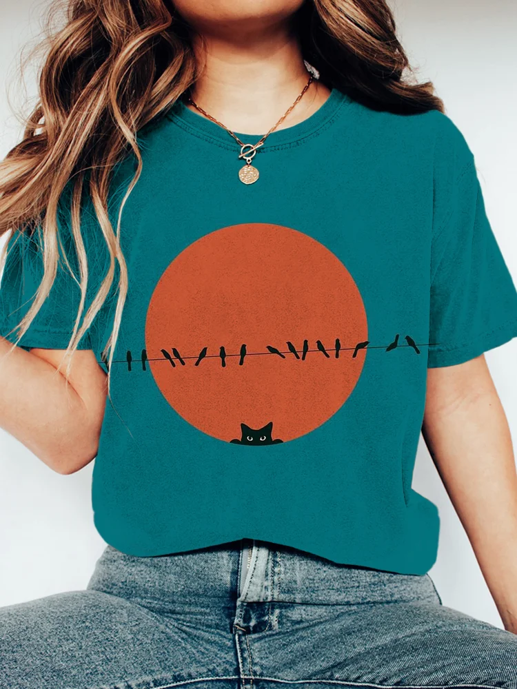 Cat & Bird Print Washed Cotton T-Shirt